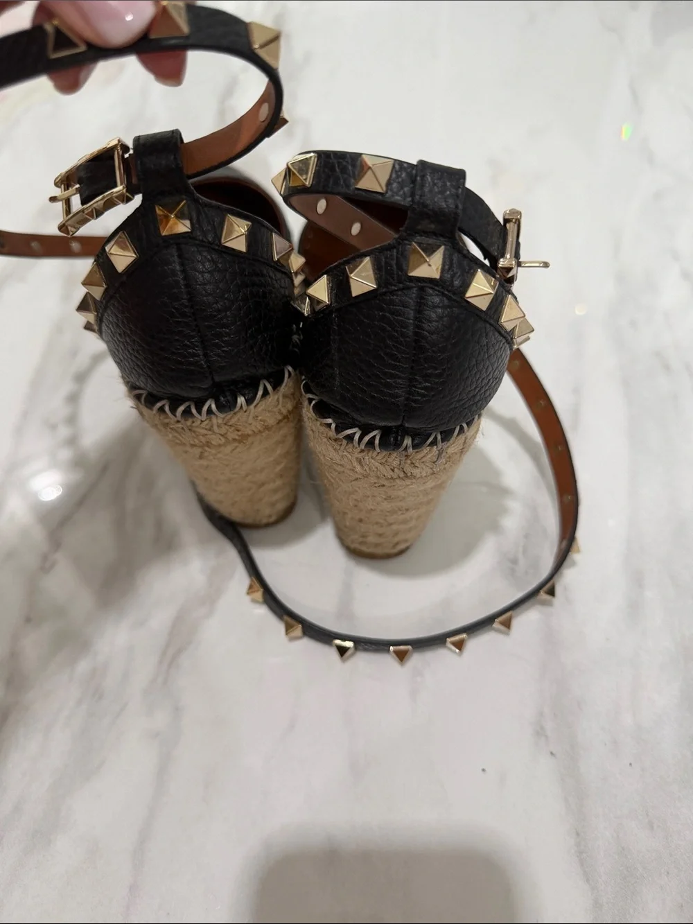Valentino Garavani Black Leather Studded Espadrille Wedge Sandals - Picture 5 of 8